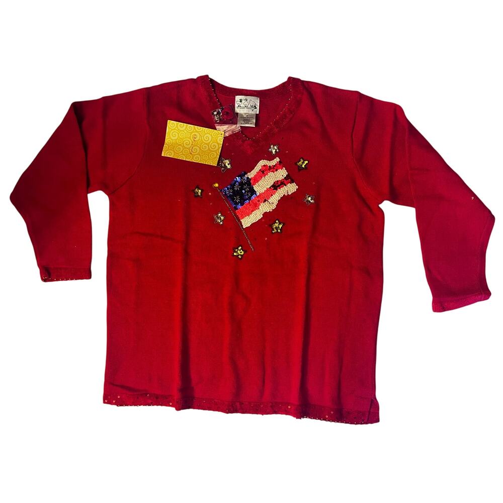 Vintage Quacker Factory Patriotic Sequin American Flag  Red Sweater - 1X